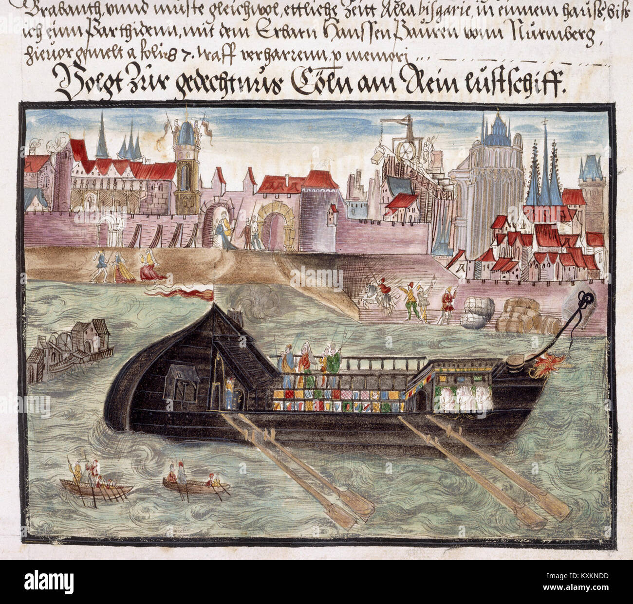 A pleasure boat on the River Rhine at Cologne - Cöler family album (1560-1632), f.29 - BL Add MS 15217 Stock Photo