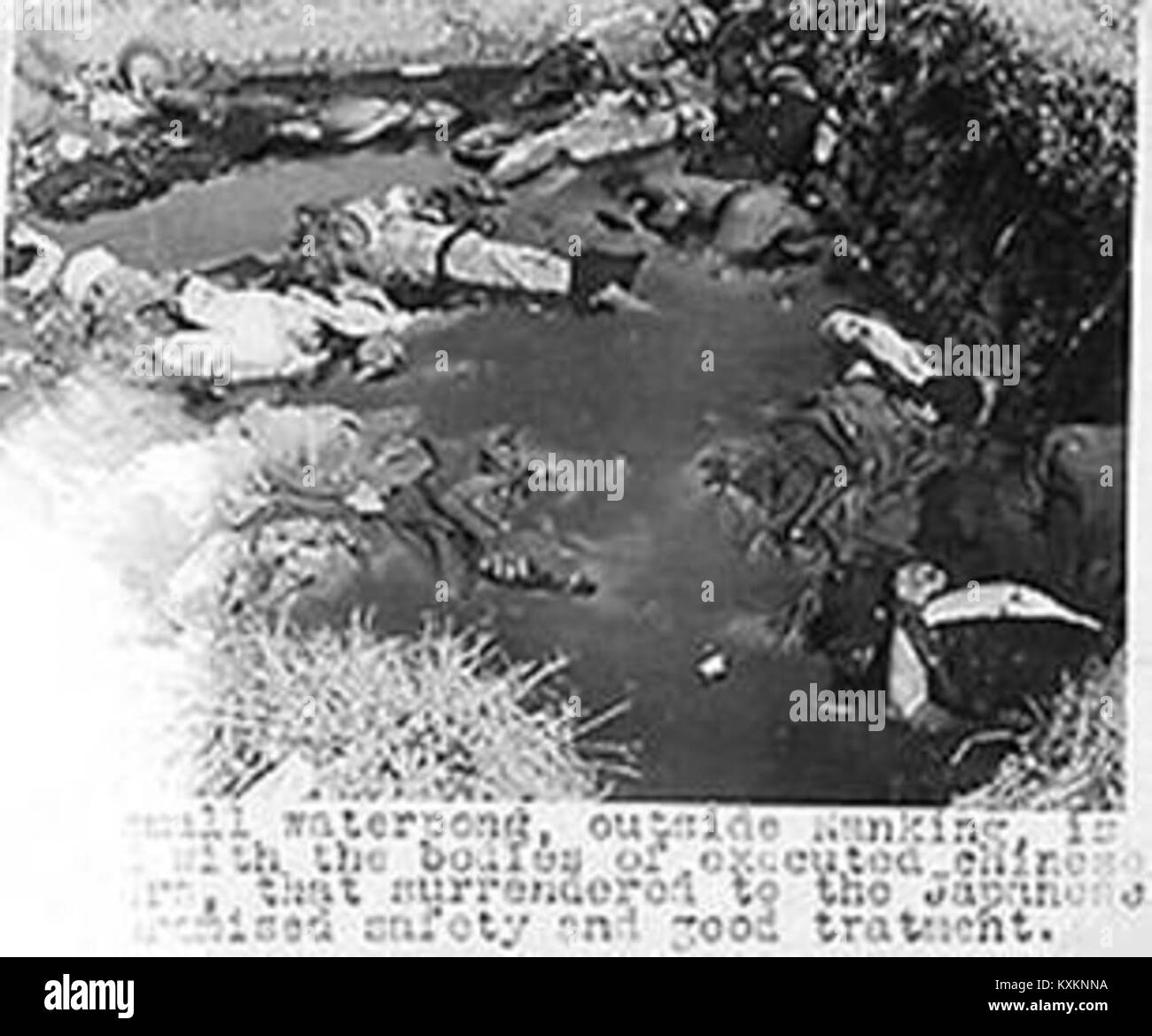A waterpond filled with the bodies of executed Chinese soldiers who got safety promise by Japanese (a), Nanjing Massacre Stock Photo