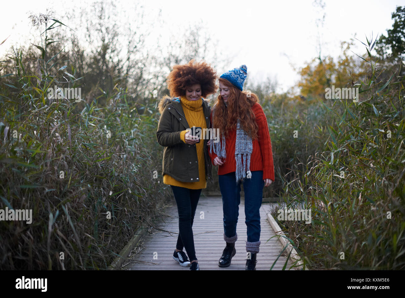 Friends on walkway in tall grass looking at smartphone Stock Photo