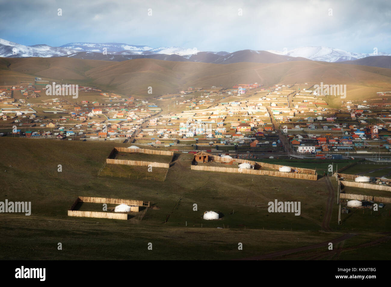 Mongolia ger camp Ulan Bator morning sun rays Stock Photo