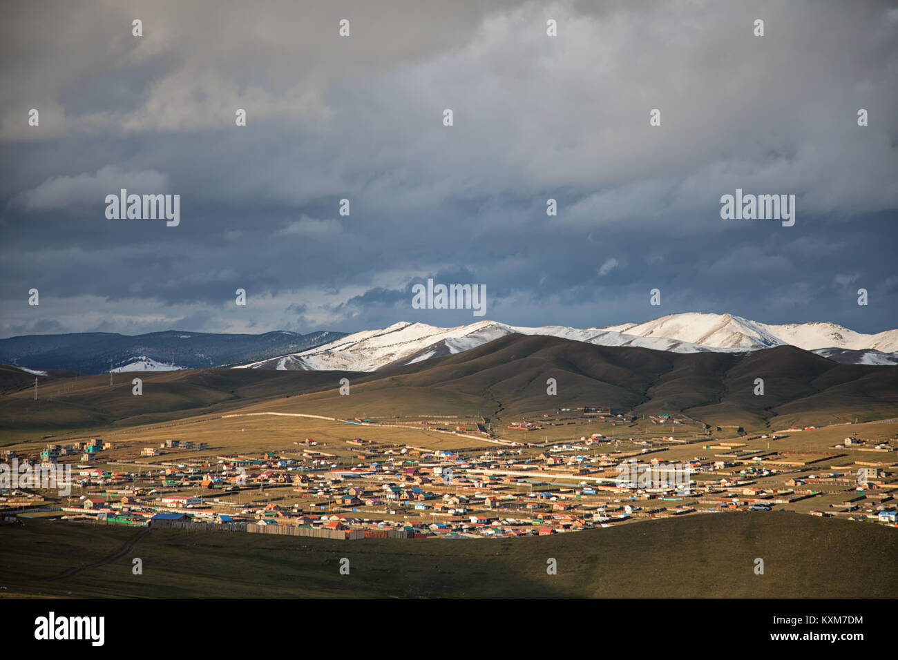 Mongolia ger camp Ulan Bator morning sun rays Stock Photo