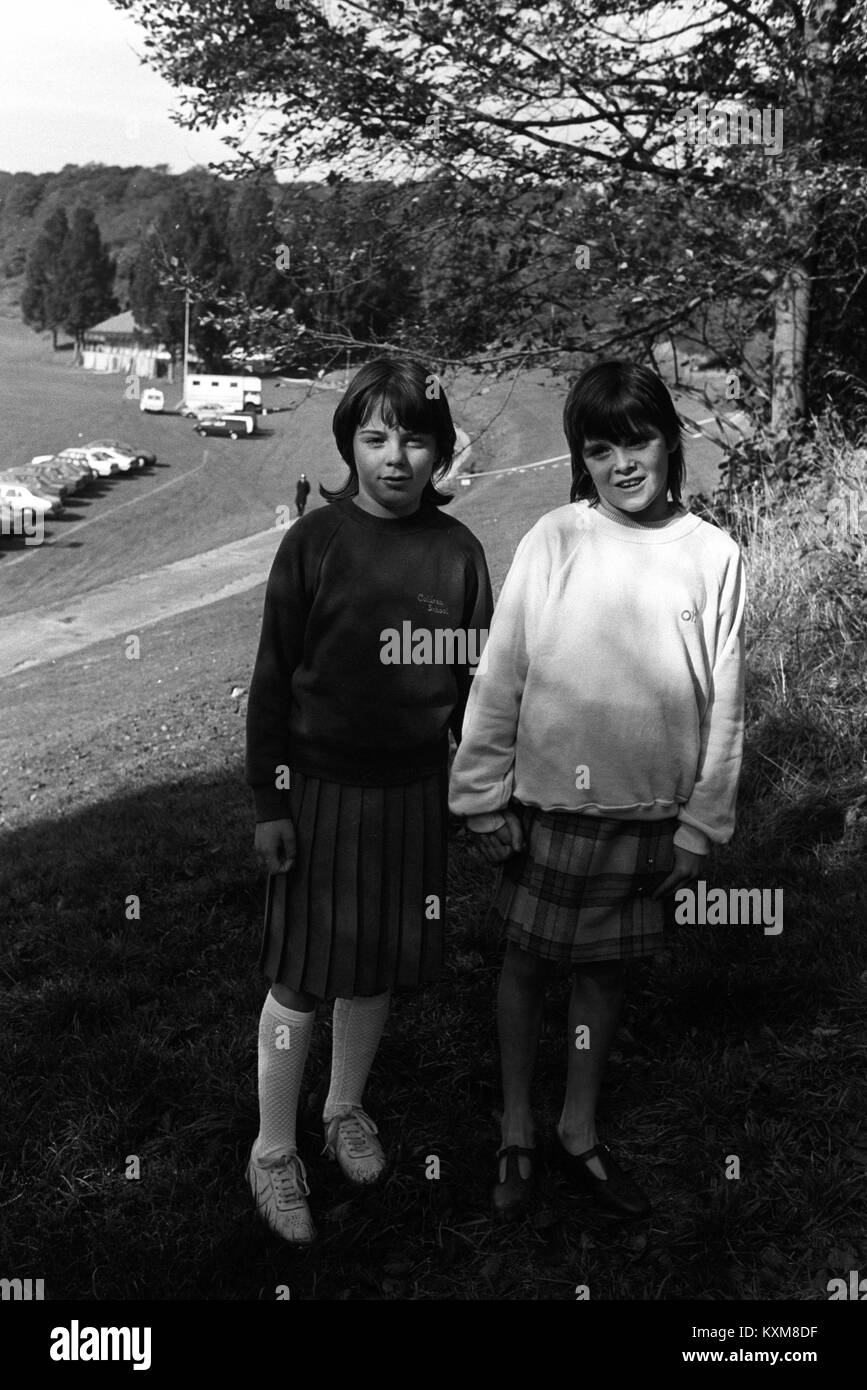 During the murder reconstruction in Wild Park, Brighton, Lianne Martin (l), 10, and Katrina Taylor, 9, play murdered schoolgirls Nicola Fellows and Karen Hadaway, whose bodies were found in nearby woods. Stock Photo