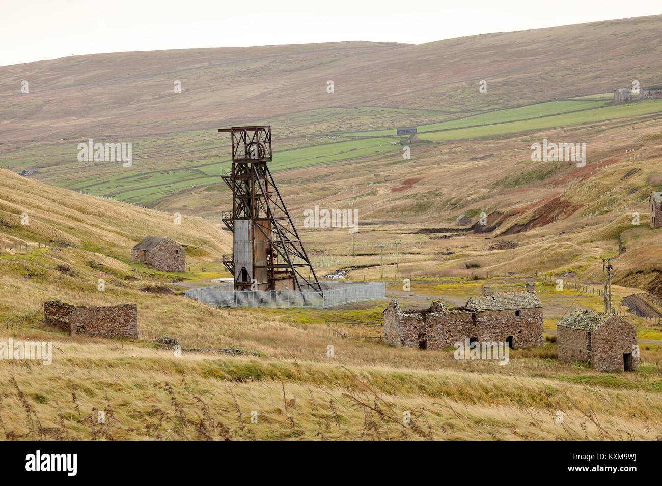 Disused Pithead of Grove Rake Mine buildings, Rookhope District, Weardale, North Pennines, County Durham, England, United Kingdom, Europe. Stock Photo