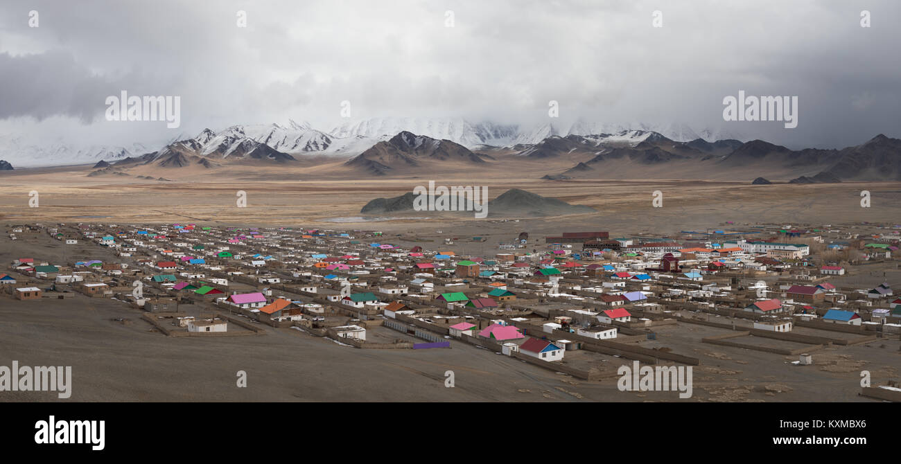 Mongolian town city winter snowy mountains plains grasslands Stock Photo