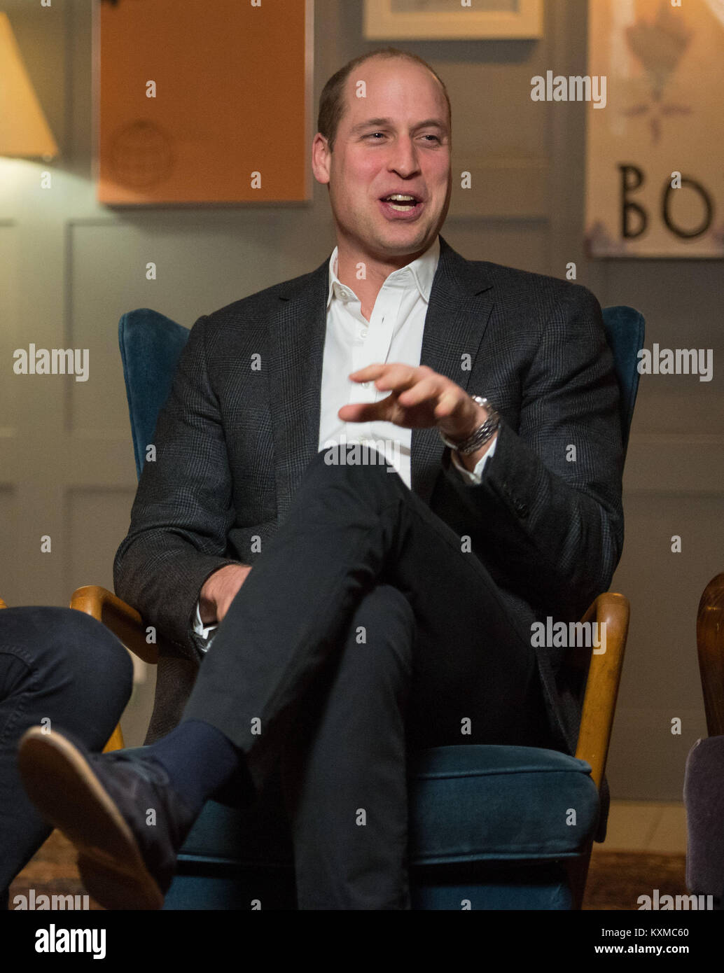 The Duke of Cambridge during a visit to meet staff, volunteers, and supporters of 'Campaign Against Living Miserably' (CALM), a charity dedicated to preventing male suicide, to lend his support to their 'Best Man Project' at High Road House, London. Stock Photo