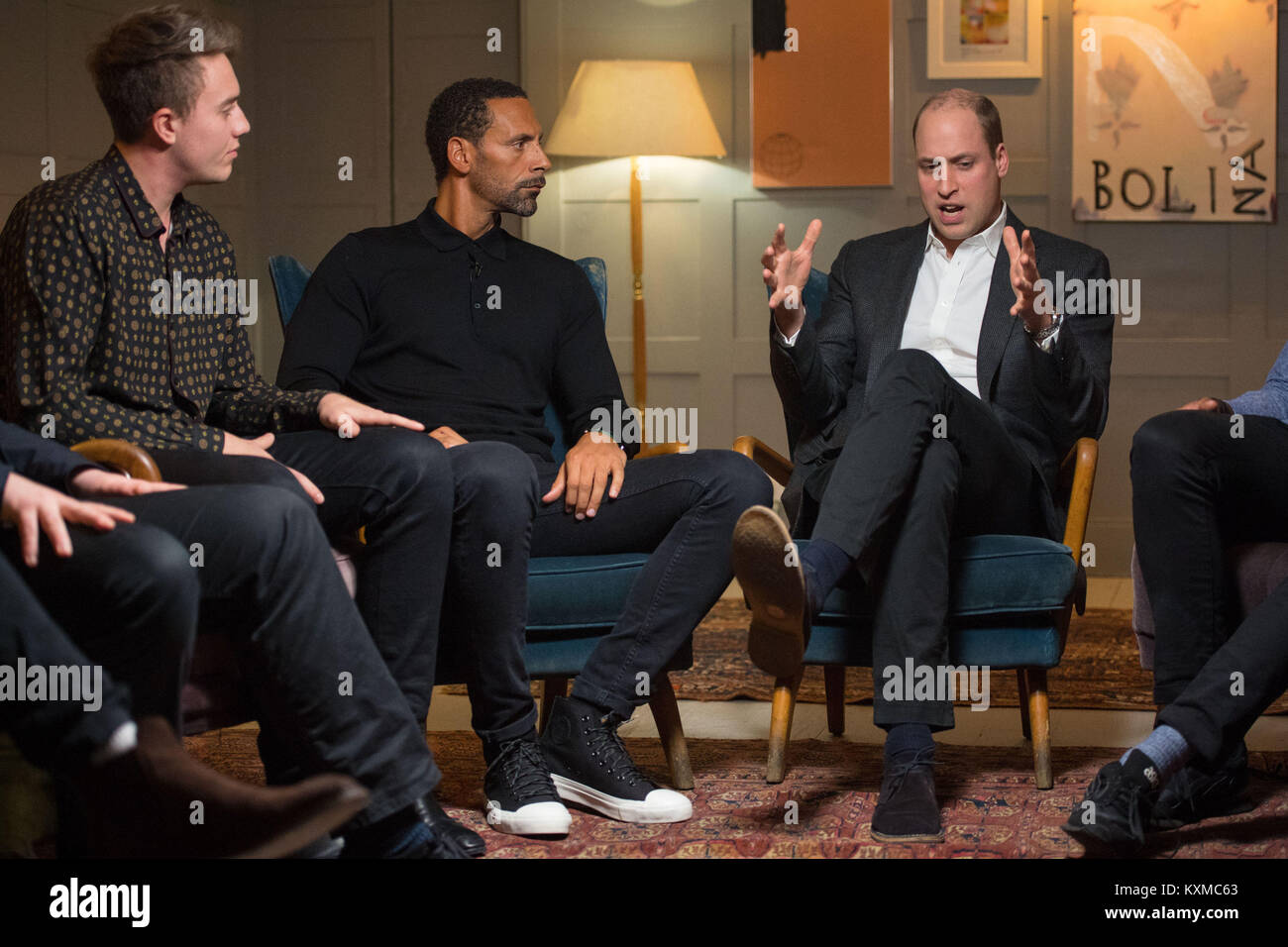 The Duke of Cambridge (right) with Rio Ferdinand (centre) and Roman Kemp (left) during a visit to meet staff, volunteers, and supporters of 'Campaign Against Living Miserably' (CALM), a charity dedicated to preventing male suicide, to lend his support to their 'Best Man Project' at High Road House, London. Stock Photo