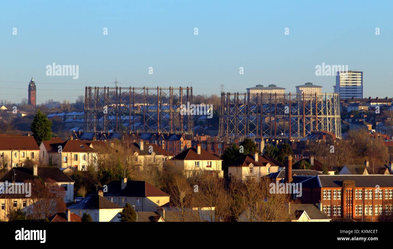 aerial view twin iron gasometers of Temple Gasworks in Kelvindale anniesland cross, landmark by the Forth & Clyde Canal. knightswood in foreground Stock Photo