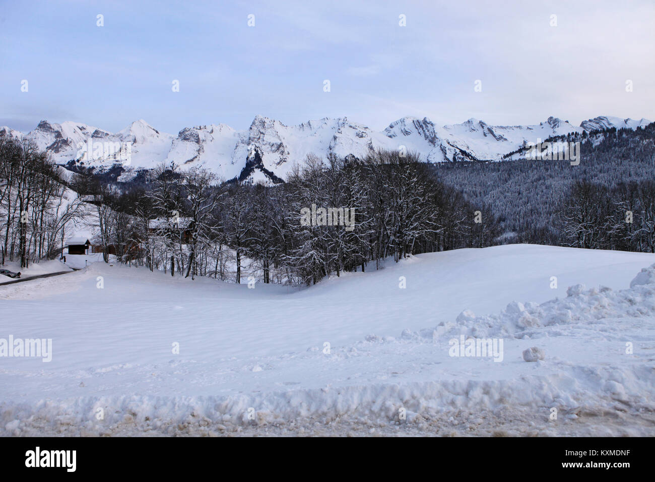 Snowed Chaine des Aravis, French Alps, Haute Savoie, Le Grand Bornand, Chamonix. Stock Photo