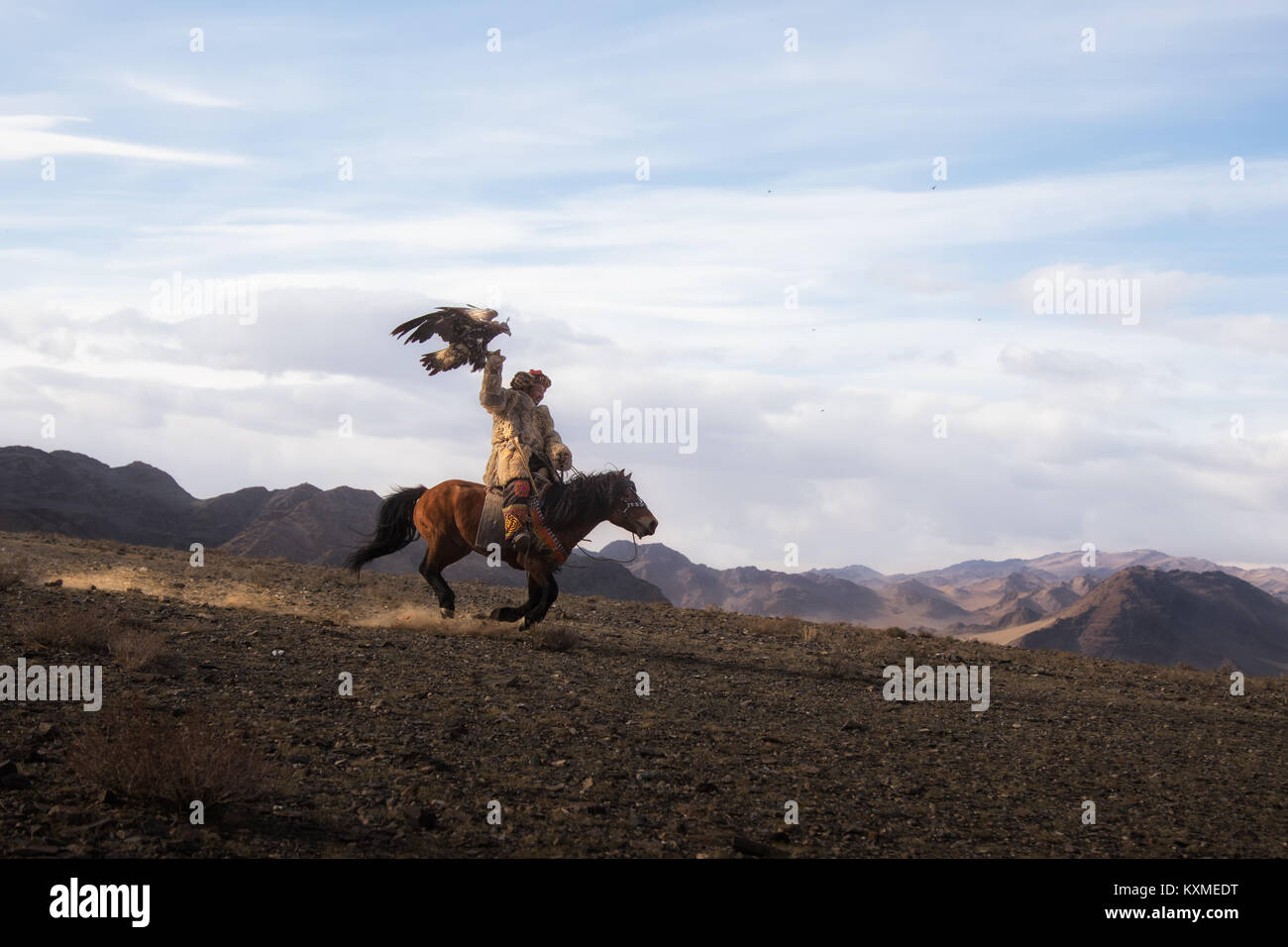 Golden eagle hunter Kazakh eagle festival Bayan Ölgii Ulgii Stock Photo