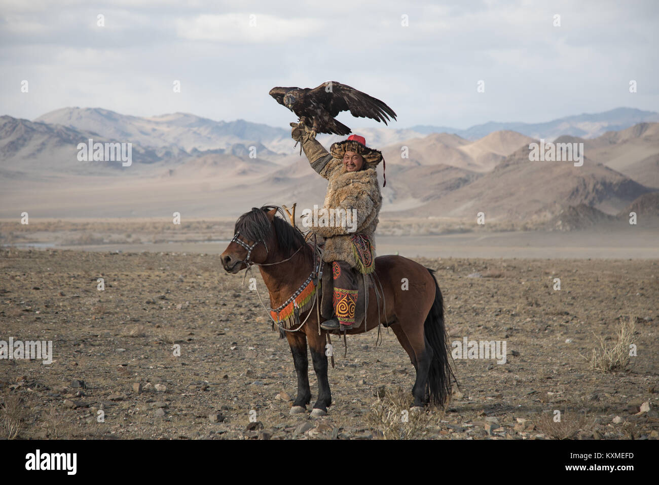 Golden eagle hunter Kazakh eagle festival Bayan Ölgii Ulgii Stock Photo