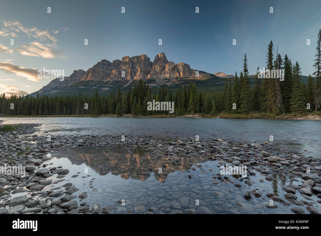 Castle Mountain reflects in a small pool of Bow River, Banff National Park, Alberta, Canada Stock Photo