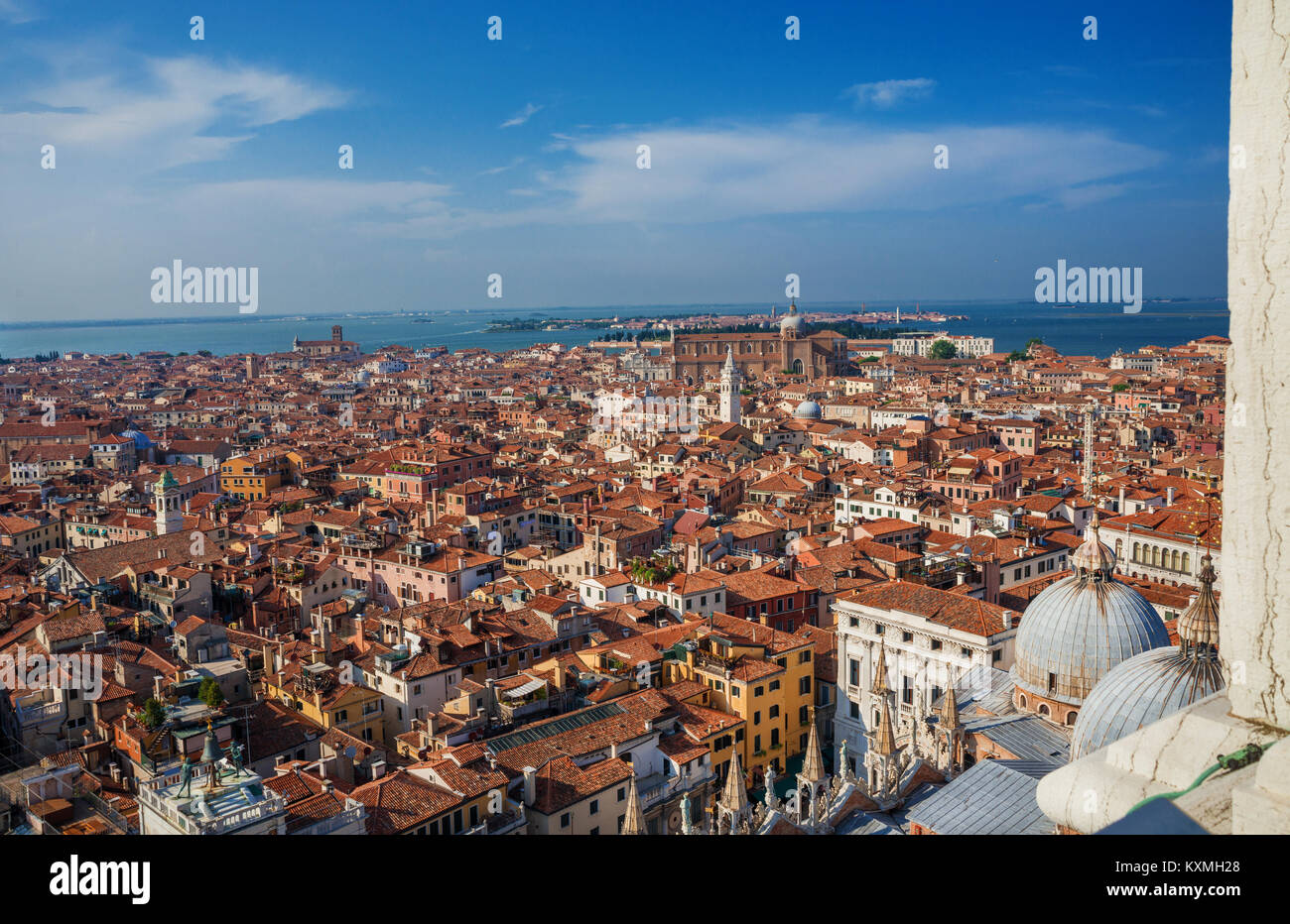 Panoramic view of Venice historic center and Northen Lagoon islands from Saint Mark Bell Tower Stock Photo