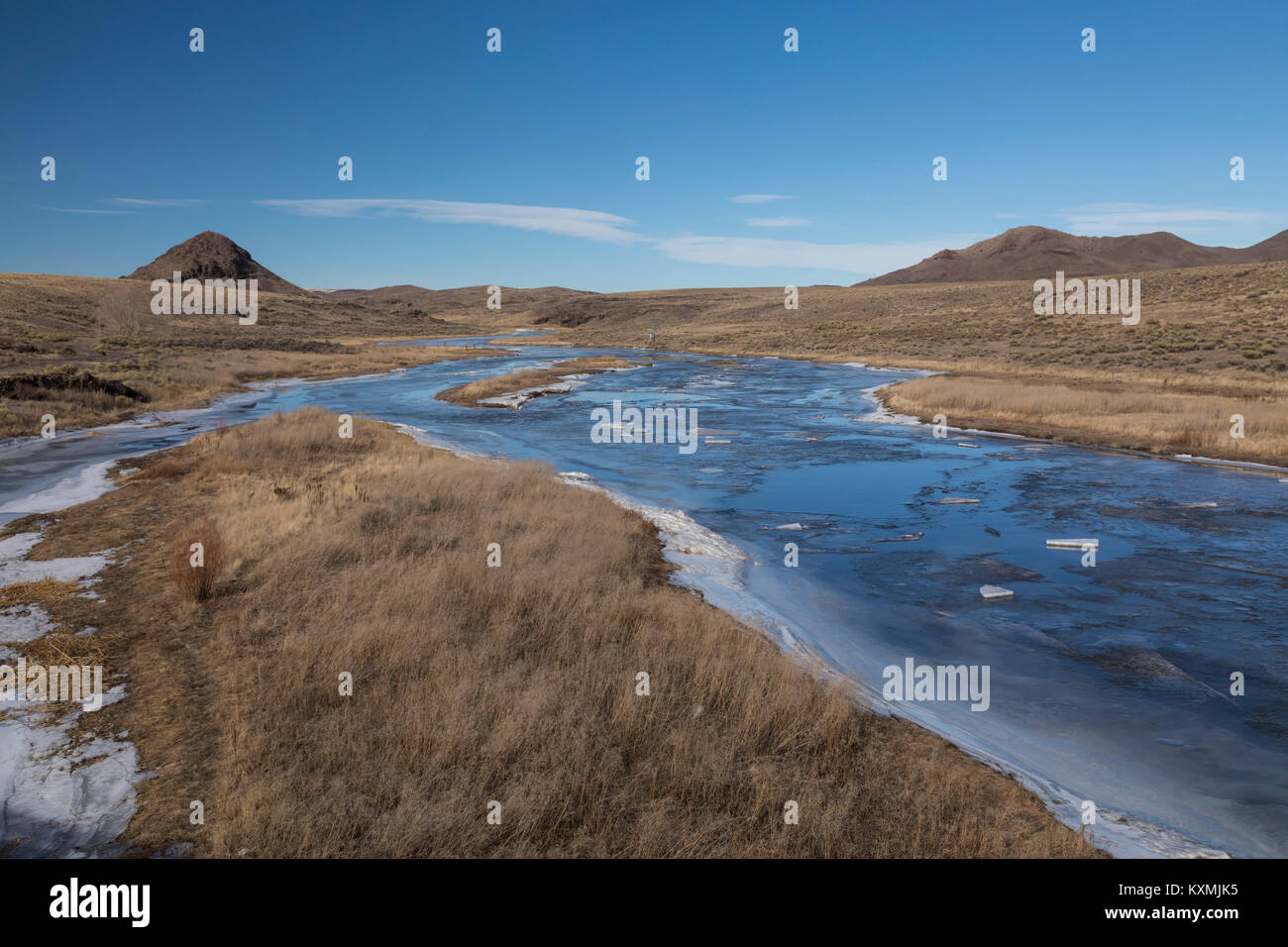 Manassa, Colorado - The icy Rio Grande in southern Colorado's San Luis Valley. Stock Photo