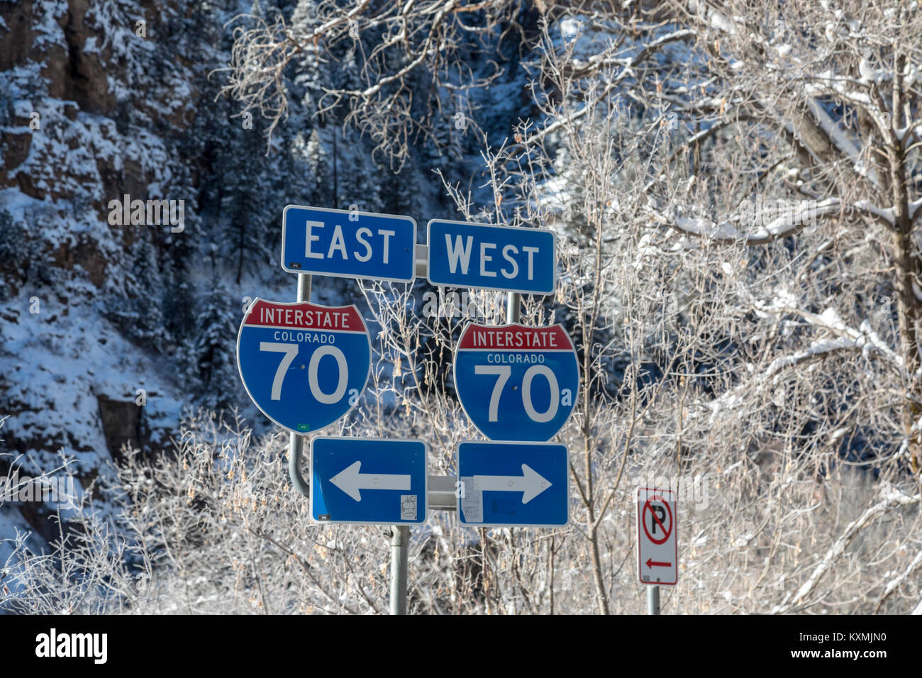 Glenwood Springs, Colorado - Directional signs to Interstate 70 at the Grizzly Creek rest stop in Glenwood Canyon. Stock Photo
