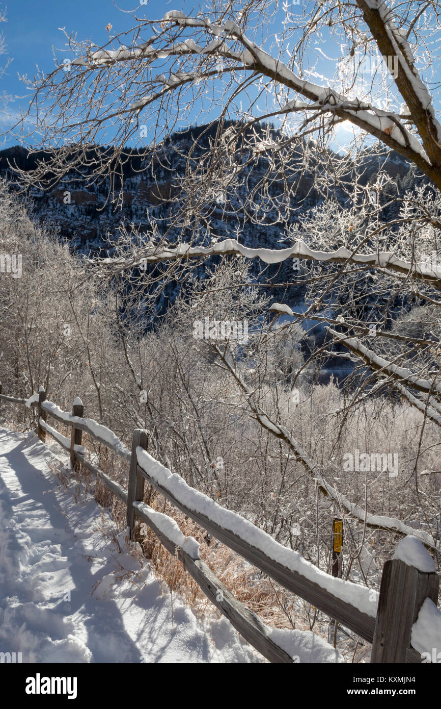 Glenwood Springs, Colorado - Winter in Glenwood Canyon at the Interstate 70 Grizzly Creek rest stop. Stock Photo