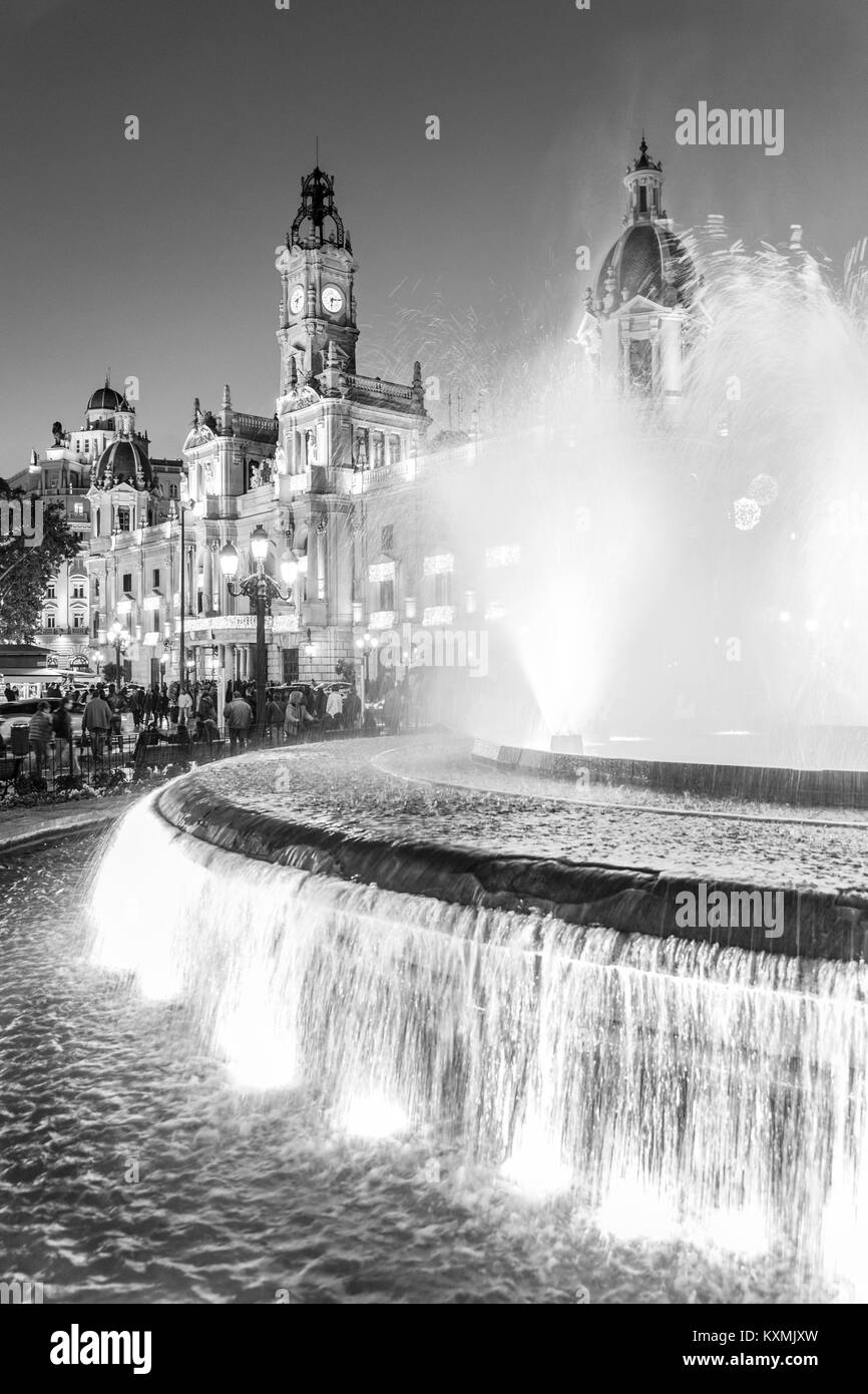 Fountain on Modernism Plaza of the City Hall of Valencia, Town hall Square, Spain. Stock Photo