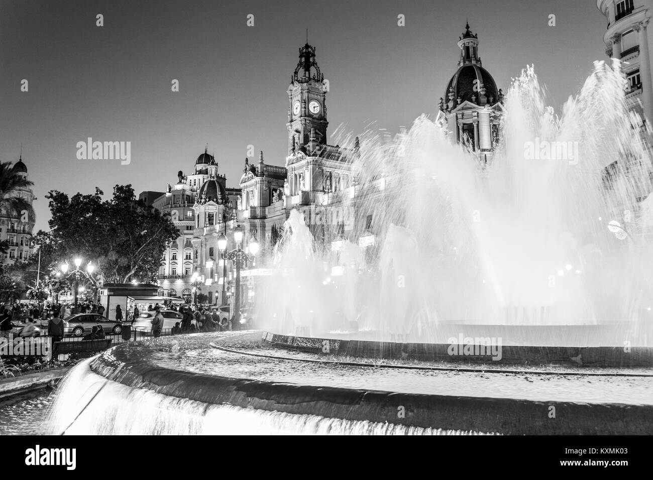 Fountain on Modernism Plaza of the City Hall of Valencia, Town hall Square, Spain. Stock Photo