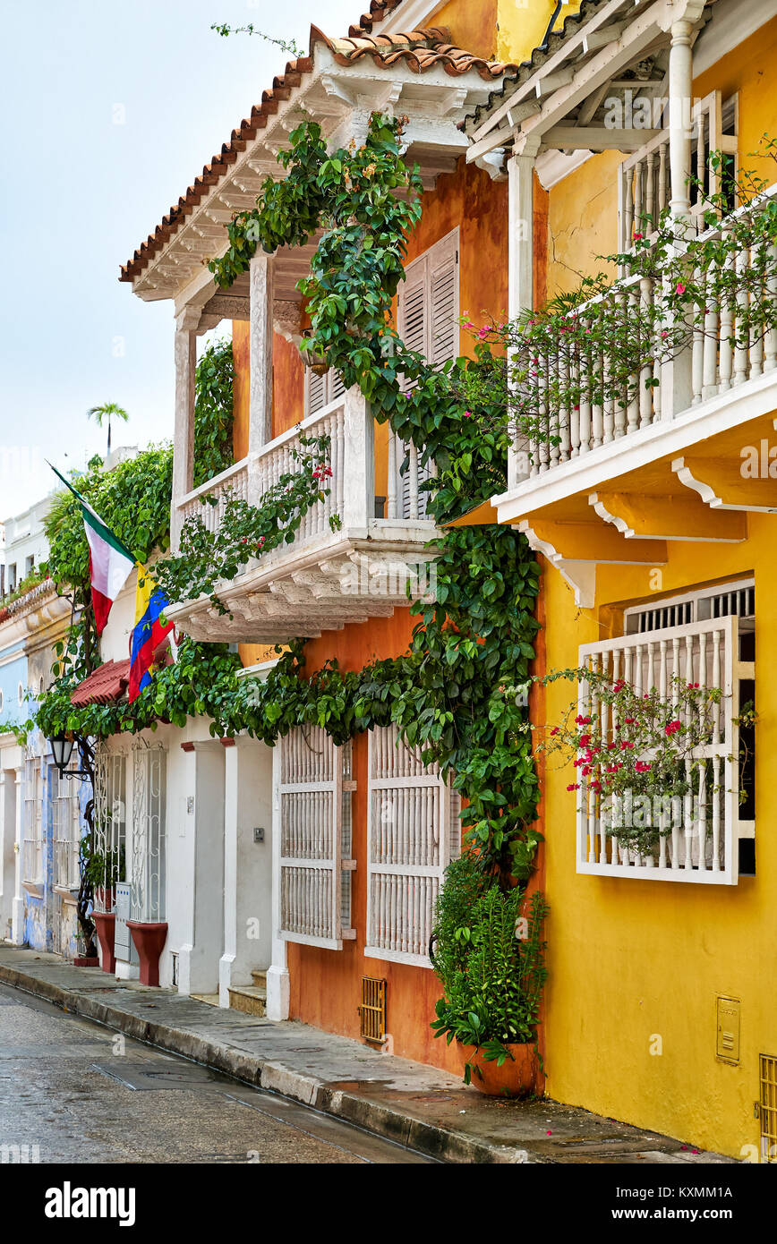 Typical Colorful Facades With Flowers Of Houses In Cartagena De Stock Photo Alamy