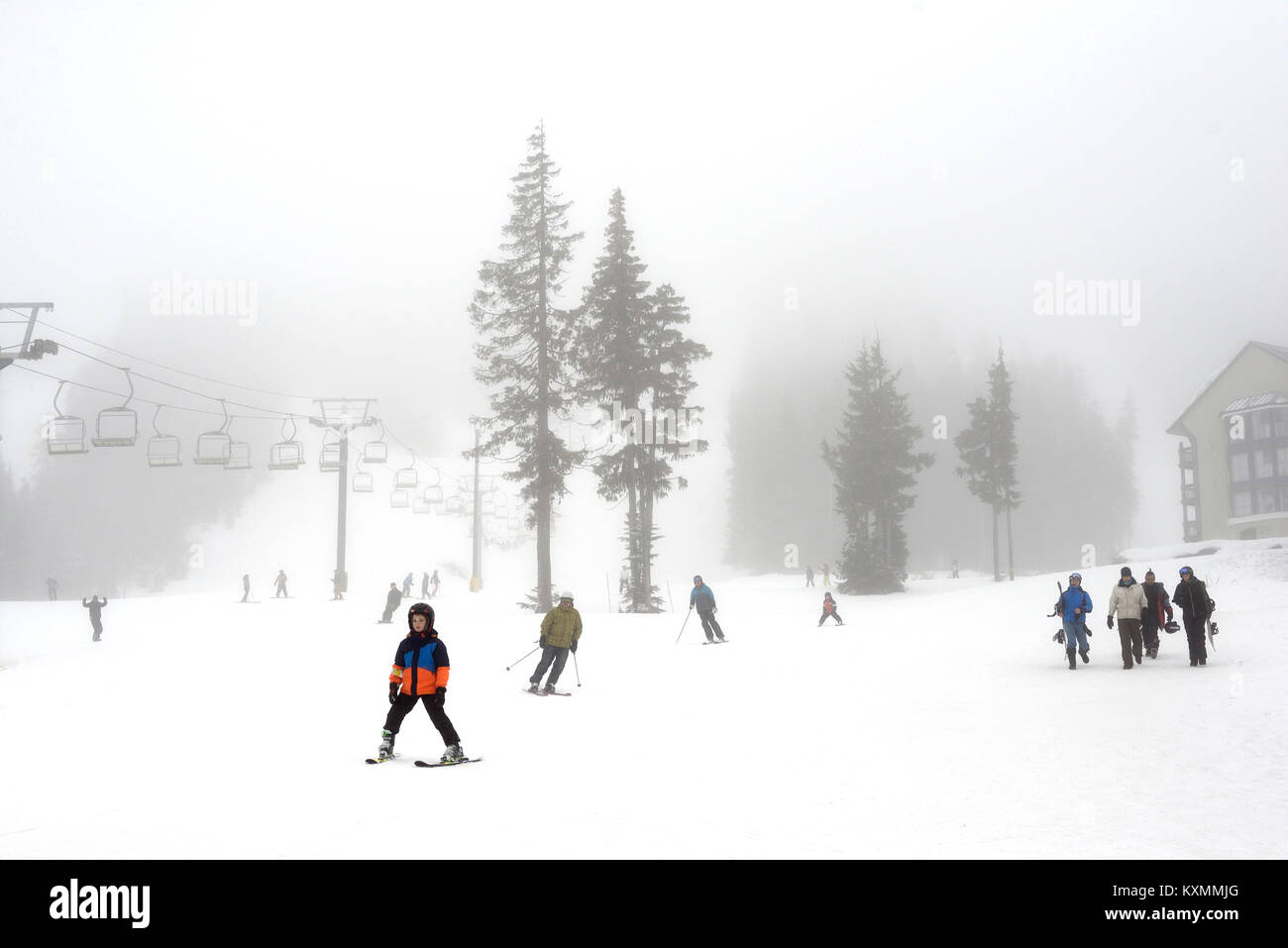 Snowboarders and skiers at Mt Washington, Vancouver Island, British Columbia, Canada. Stock Photo