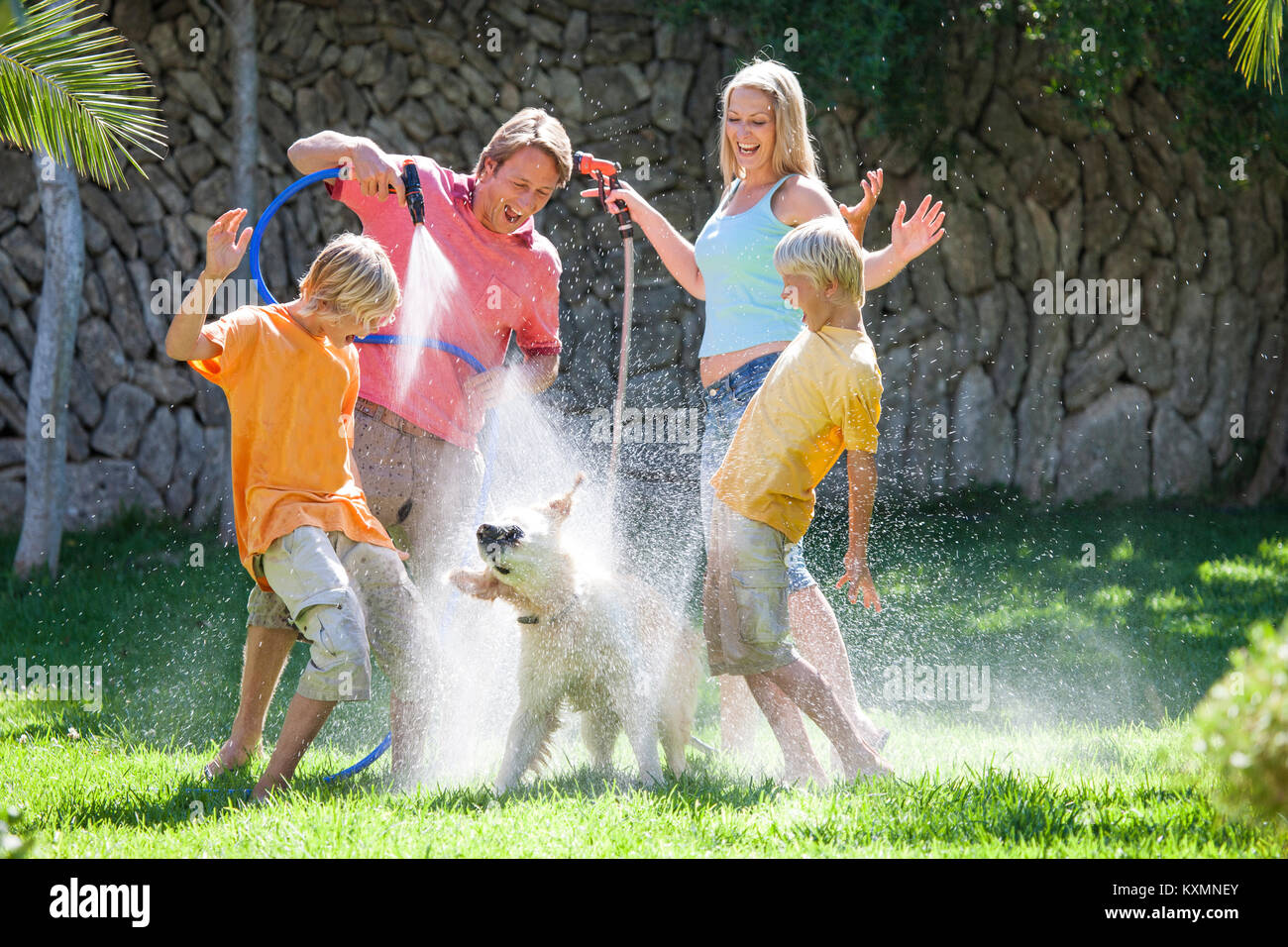 Family spraying dog with water from hosepipe Stock Photo
