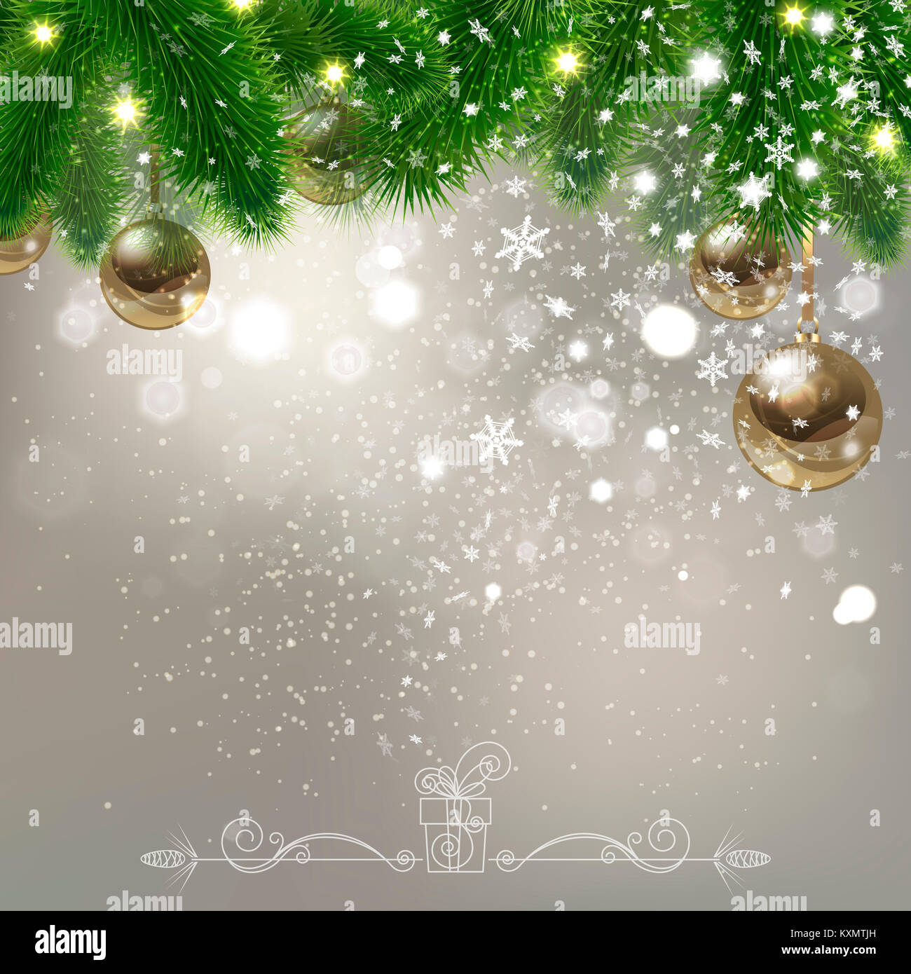 christmas background with falling snowflakes and Christmas tree balls ...
