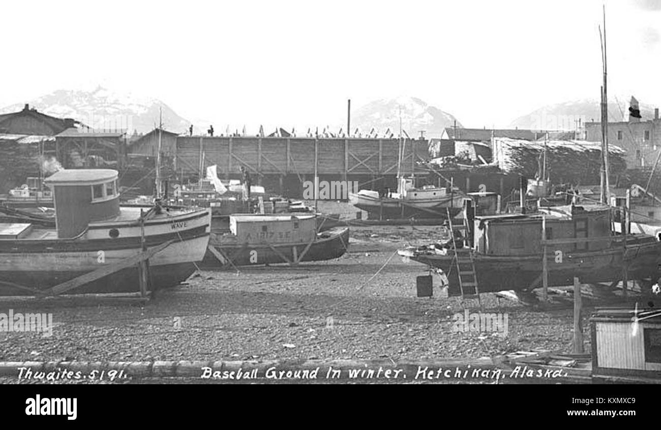 Boats in drydock in winter on baseball grounds, Ketchikan, ca 1912 (THWAITES 303) Stock Photo