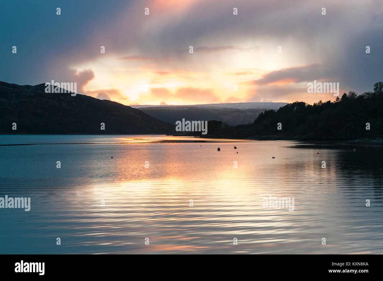 Sunset over Loch Sunart, Ardnamurchan, Lochaber, Scotland.28 December 2017. Stock Photo