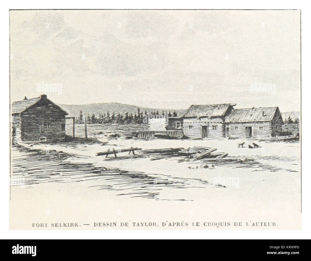 An 1899 drawing by Boillot depicting Fort Selkirk in Yukon, Canada ...