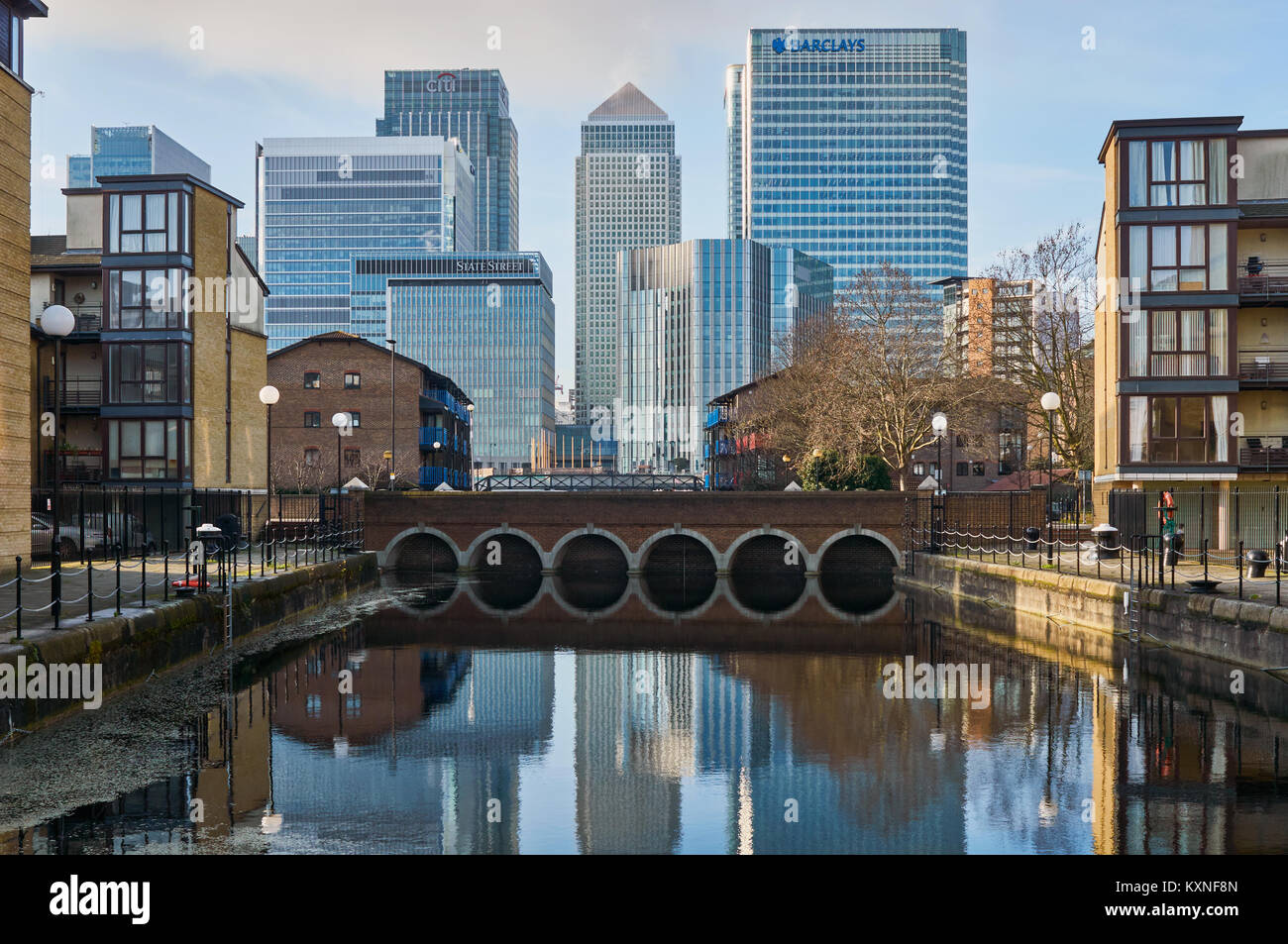 Canary Wharf Business District on the Isle of Dogs, East London UK, viewed from the East Stock