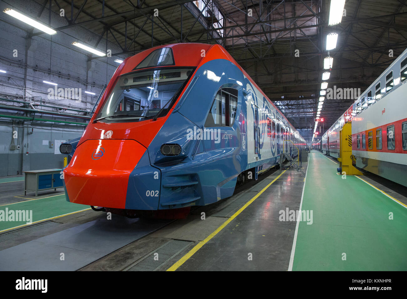 Tver, Russia. 10th Jan, 2018. An Ivolga electric train is seen at the Tver Carriage Works in Tver, Russia, on Jan. 10, 2018. Inflation in Russia hit a record low of 2.5 percent last year, the country's official statistics service Rosstat said Wednesday. The Russian economy is improving and the positive momentum continues, President Vladimir Putin said Wednesday when visiting the railway carriage factory. Credit: Bai Xueqi/Xinhua/Alamy Live News Stock Photo