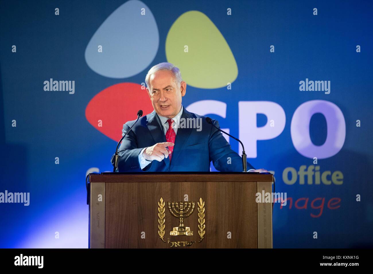 Jerusalem. 10th Jan, 2018. Israeli Prime Minister Benjamin Netanyahu speaks at the annual Government Press Office (GPO) New Year's toast for foreign journalists in Jerusalem, on Jan. 10, 2018. Credit: JINI/Xinhua/Alamy Live News Stock Photo