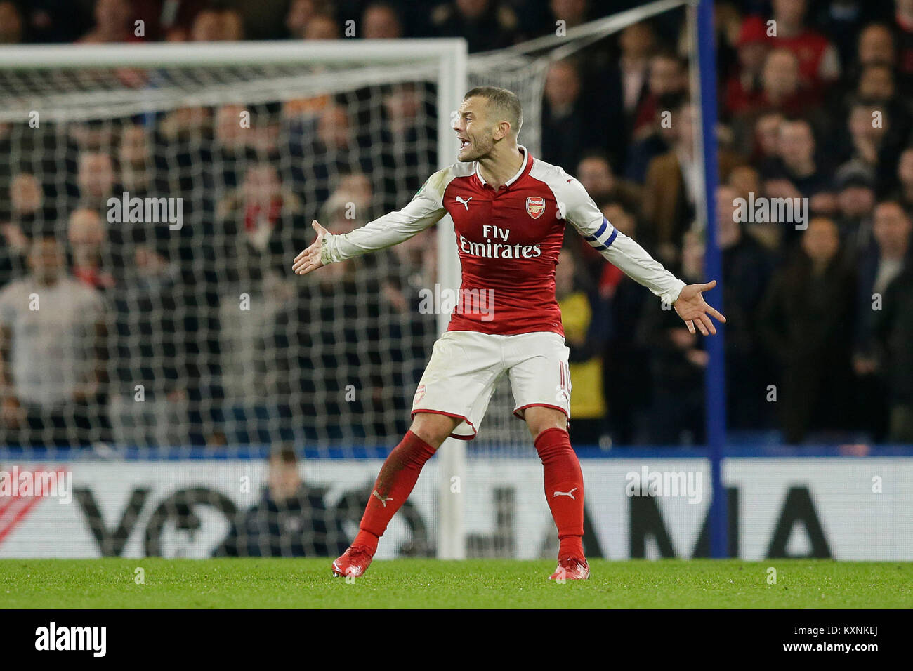 London, UK. 10th Jan, 2018. Arsenal's Jack Wilshere shouts in frustration during the English League Cup semi-final 1st leg match between Chelsea and Arsenal at Stamford Bridge Stadium in London, Britain on Jan. 10, 2018. Chelsea and Arsenal drew 0-0. Credit: Tim Ireland/Xinhua/Alamy Live News Stock Photo