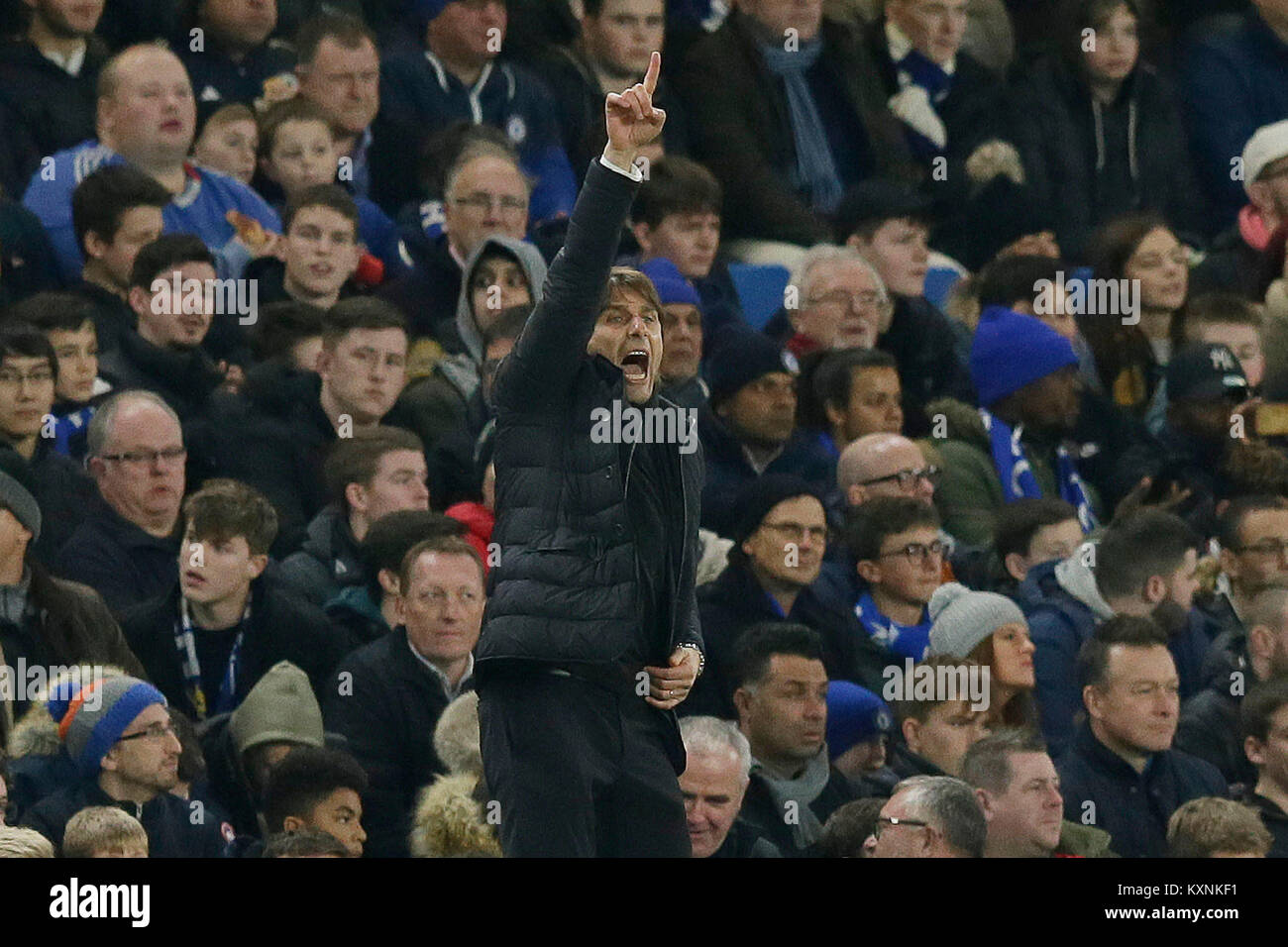 London, UK. 10th Jan, 2018. Chelsea's manager Antonio Conte shouts across the pitch during the English League Cup semi-final 1st leg match between Chelsea and Arsenal at Stamford Bridge Stadium in London, Britain on Jan. 10, 2018. Chelsea and Arsenal drew 0-0. Credit: Tim Ireland/Xinhua/Alamy Live News Stock Photo