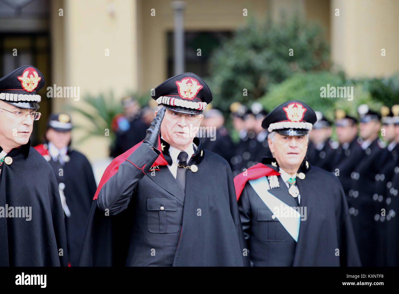 January 11, 2018 - the general commander of the firearms of the Carabinieri Tullio Del Sette, together with the Generali Vittori Tommasone and Giovanni Nistri during the change of guard at the top of the commandos.Naples, Italy - Naples: change at the top of the ''Ogaden'' Carabinieri Inter-regional Command.This morning was held in Naples the ceremony of rotation of the Commander Carabinieri ''Ogaden''.At the General of the Army Corps Giovanni Nistri, Commander of the Summit from 6 April 2016, the paratroop Vittorio Tomasone takes over. General Nistri leaves, after 21 months, the Interregio Stock Photo
