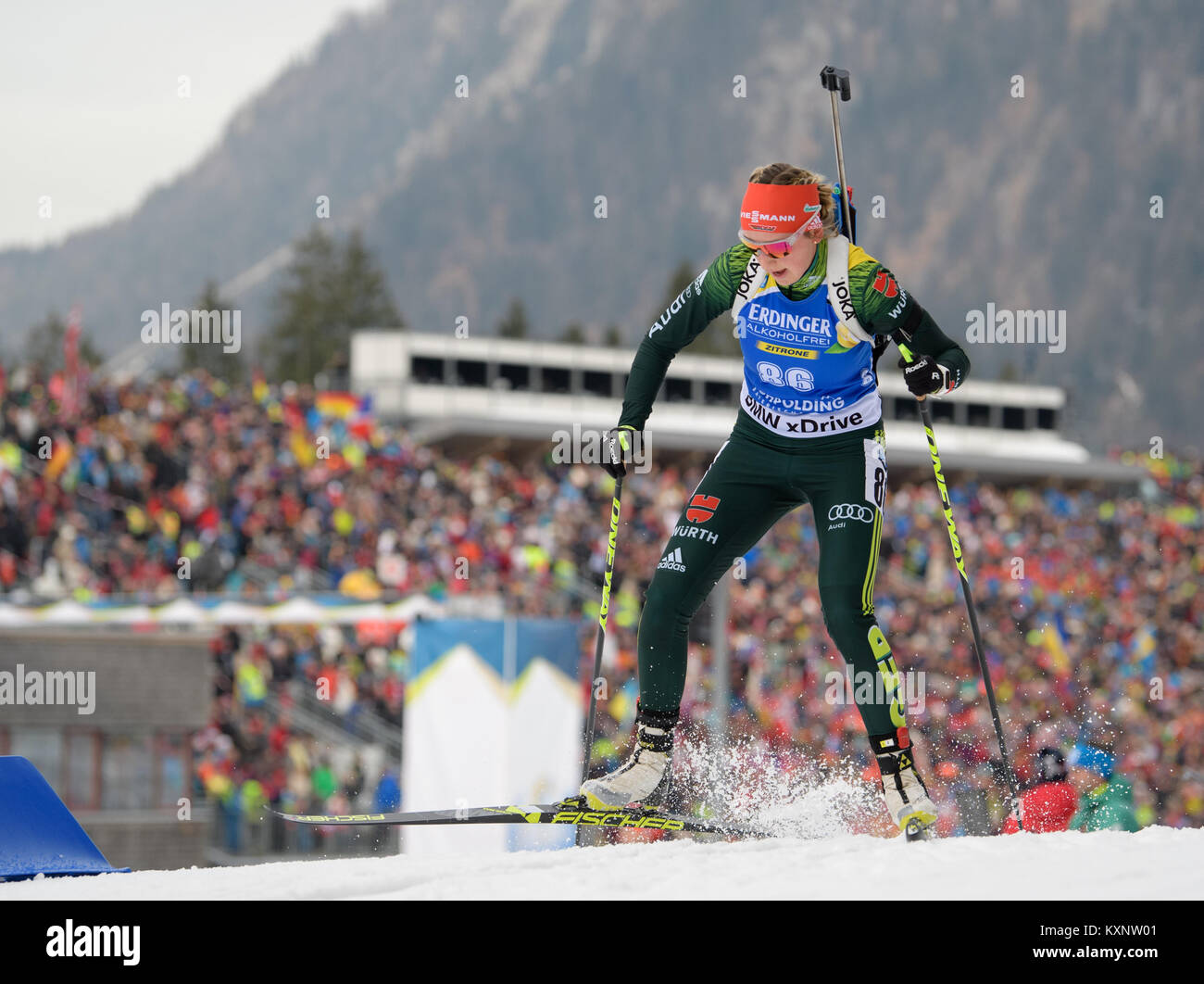Ruhpolding, Germany. 11th Jan, 2018. Biathlete Franziska Preuss from Germany skis during the race at Chiemgau Arena in Ruhpolding, Germany, 11 January 2018. Credit: Matthias Balk/dpa/Alamy Live News Stock Photo