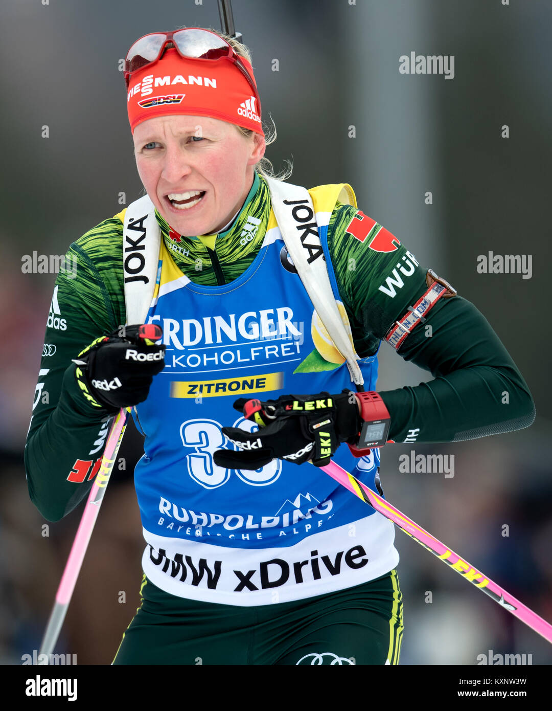 Ruhpolding, Germany. 11th Jan, 2018. Biathlete Franziska Hildebrand from Germany jumps back into the race at Chiemgau Arena in Ruhpolding, Germany, 11 January 2018. Credit: Sven Hoppe/dpa/Alamy Live News Stock Photo