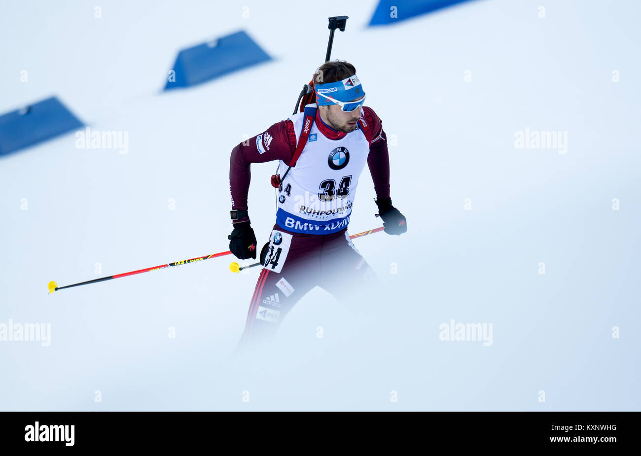 Ruhpolding, Germany. 11th Jan, 2018. Biathlet Anton Schipulin from Rusia skis during the race at Chiemgau Arena in Ruhpolding, Germany, 11 January 2018. Credit: Sven Hoppe/dpa/Alamy Live News Stock Photo