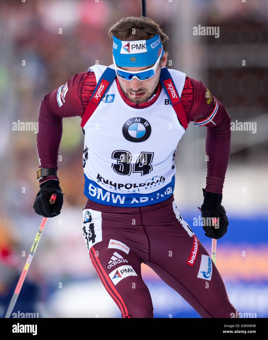 Ruhpolding, Germany. 11th Jan, 2018. Biathlet Anton Schipulin from Rusia skis during the race at Chiemgau Arena in Ruhpolding, Germany, 11 January 2018. Credit: Sven Hoppe/dpa/Alamy Live News Stock Photo
