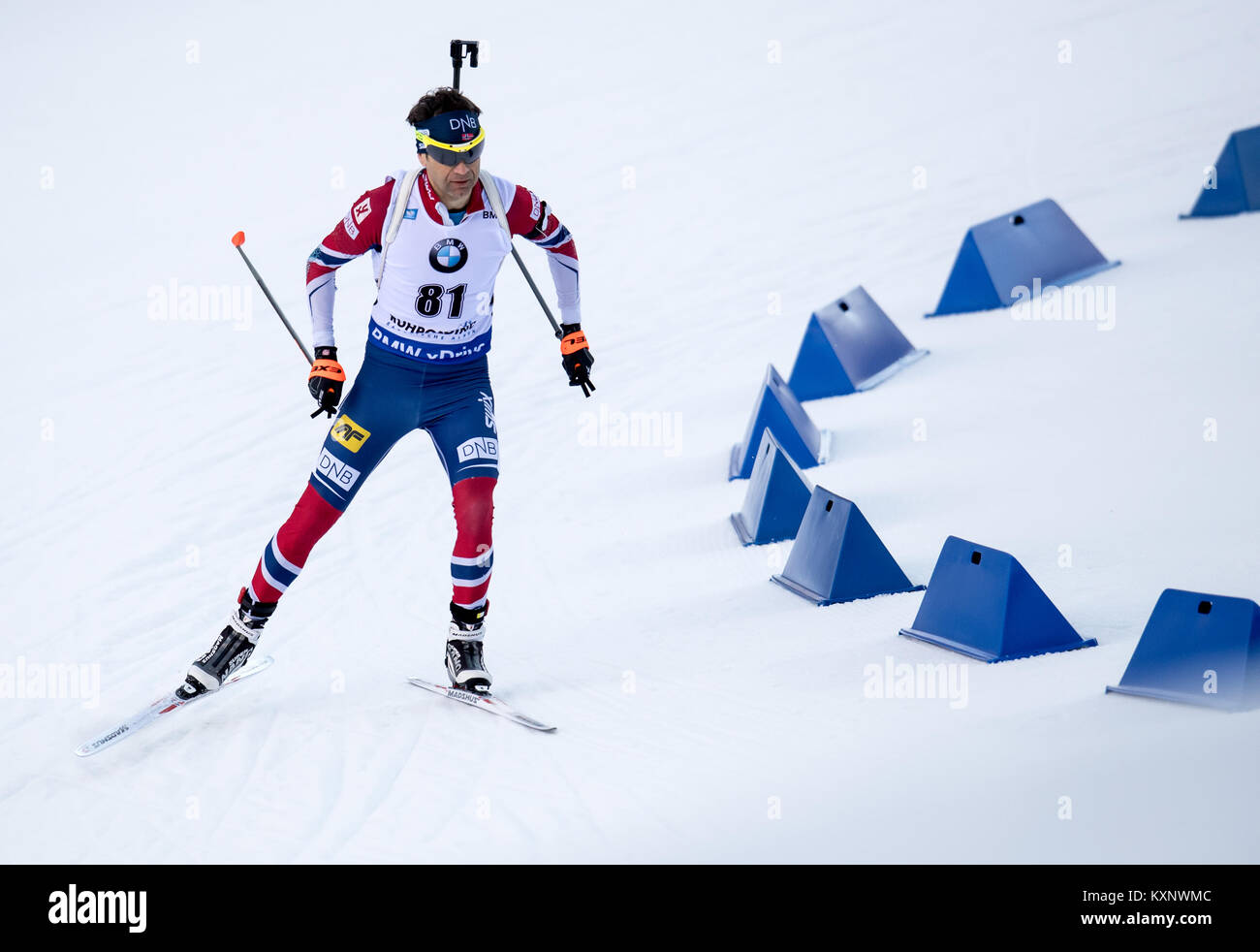 Ruhpolding, Germany. 11th Jan, 2018. Biathlet Ole Einar Björndalen from Norway skis during the race at Chiemgau Arena in Ruhpolding, Germany, 11 January 2018. Credit: Sven Hoppe/dpa/Alamy Live News Stock Photo