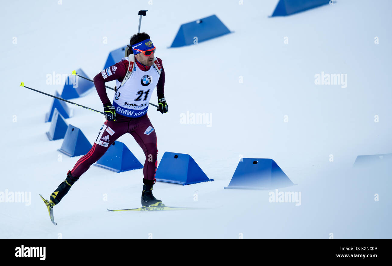 Ruhpolding, Germany. 11th Jan, 2018. Biathlete Jewgeni Garanitschew from Rusia skis during the race at Chiemgau Arena in Ruhpolding, Germany, 11 January 2018. Credit: Sven Hoppe/dpa/Alamy Live News Stock Photo