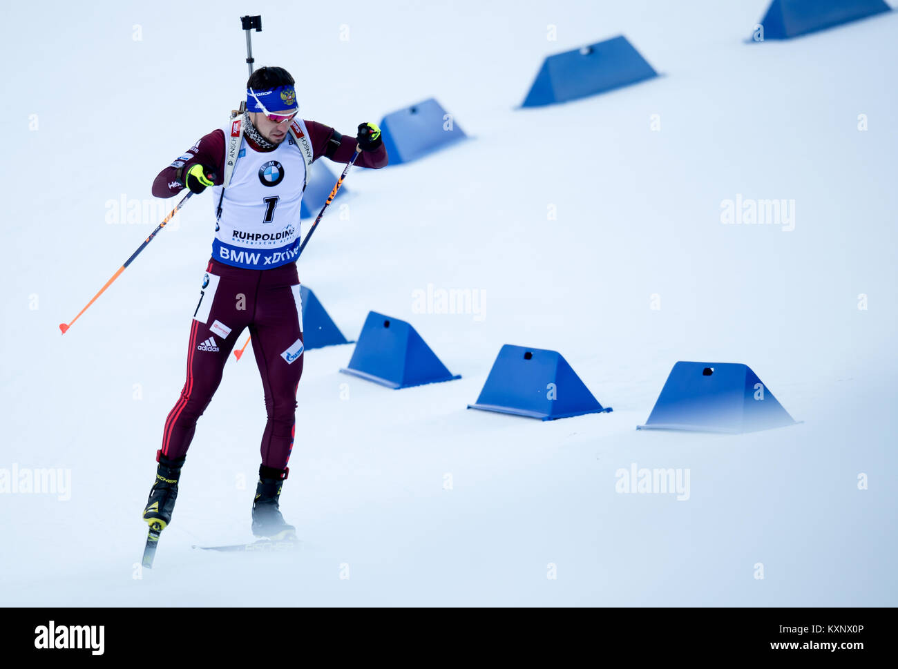 Ruhpolding, Germany. 11th Jan, 2018. Biathlete Alexander Loginow from Rusia skis during the race at Chiemgau Arena in Ruhpolding, Germany, 11 January 2018. Credit: Sven Hoppe/dpa/Alamy Live News Stock Photo