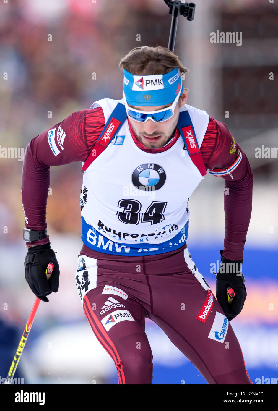 Ruhpolding, Germany. 10th Jan, 2018. Biathlet Anton Schipulin from Rusia skis during the race at Chiemgau Arena in Ruhpolding, Germany, 10 January 2018. Credit: Sven Hoppe/dpa/Alamy Live News Stock Photo