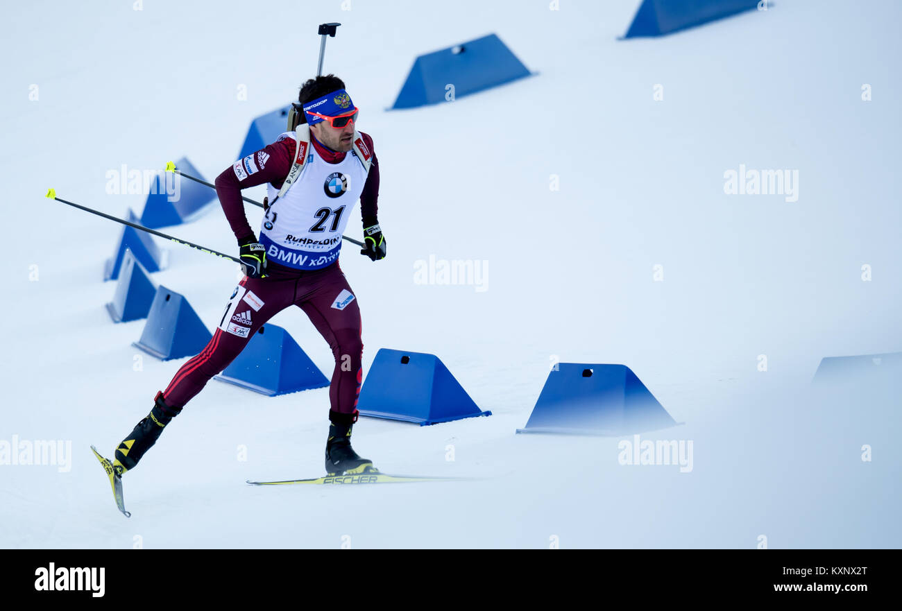 Ruhpolding, Germany. 10th Jan, 2018. Biathlete Jewgeni Garanitschew from Rusia skis during the race at Chiemgau Arena in Ruhpolding, Germany, 10 January 2018. Credit: Sven Hoppe/dpa/Alamy Live News Stock Photo