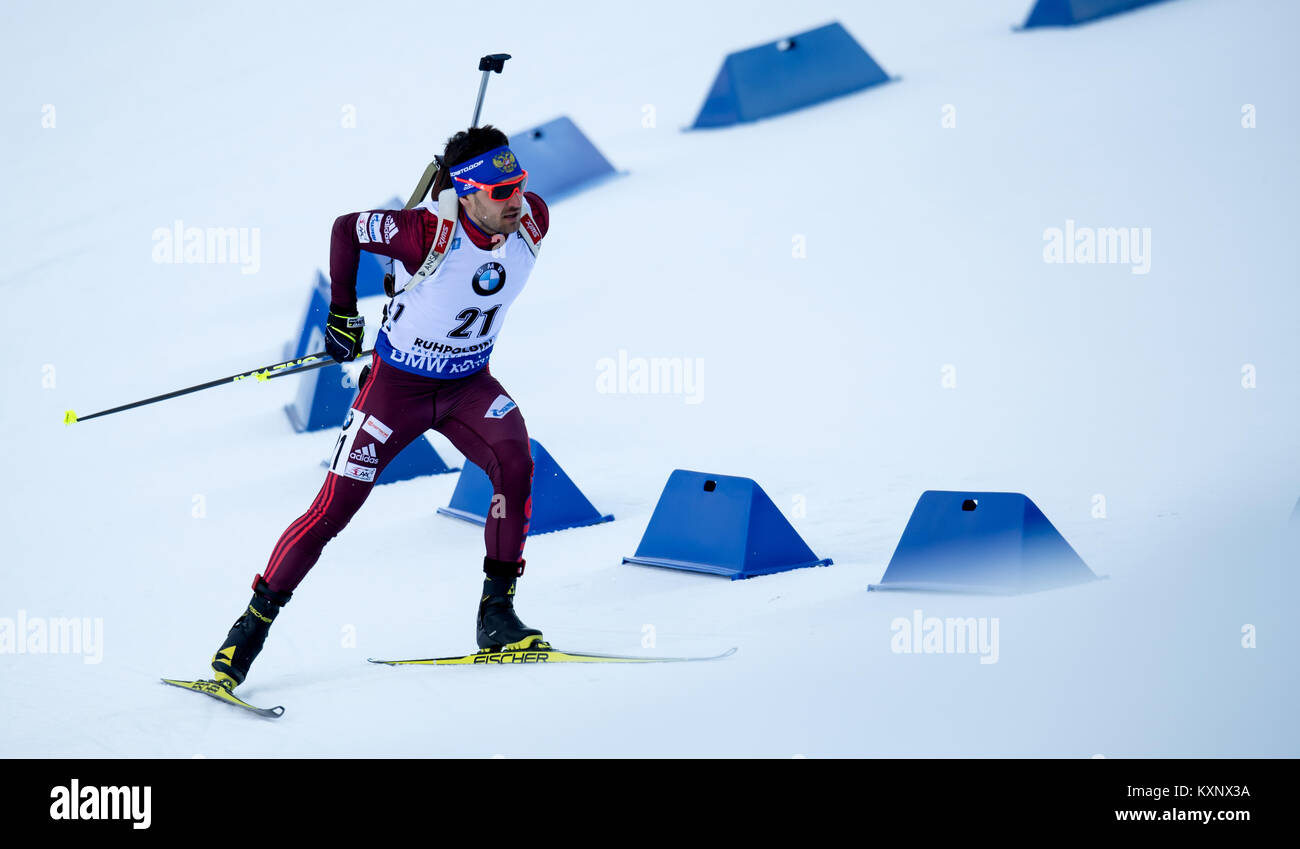 Ruhpolding, Germany. 10th Jan, 2018. Biathlete Jewgeni Garanitschew from Rusia skis during the race at Chiemgau Arena in Ruhpolding, Germany, 10 January 2018. Credit: Sven Hoppe/dpa/Alamy Live News Stock Photo