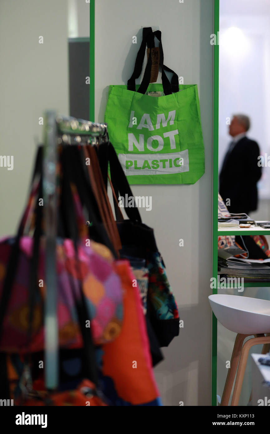 Frankfurt, Germany. 11th Jan, 2018. Environment-friendly bags are displayed in 'Green village' zone at Heimtextil in Frankfurt, Germany, on Jan. 11, 2018. Heimtextil, the World's largest international trade fair for home and contract textiles, kicked off Tuesday in Frankfurt. Credit: Luo Huanhuan/Xinhua/Alamy Live News Stock Photo