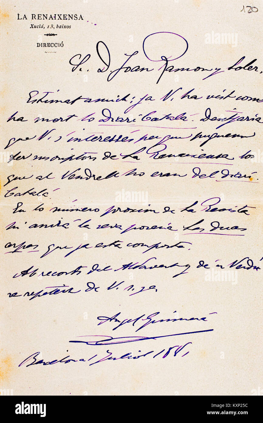 Carta d'Àngel Guimerà a Joan Ramon i Soler Stock Photo