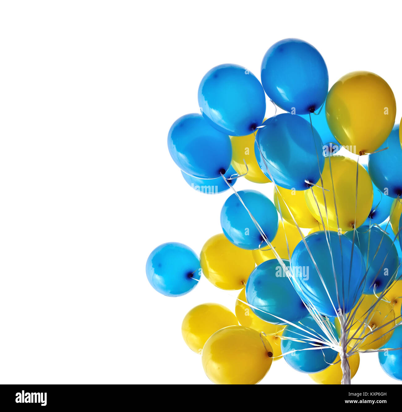 bunch  of blue and yellow  balloons in the city festival isolated on white background Stock Photo