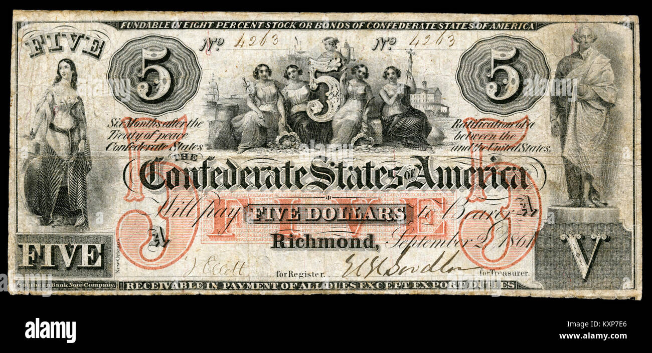 The Confederate States of America $5 banknote from 1861–62 is a ...