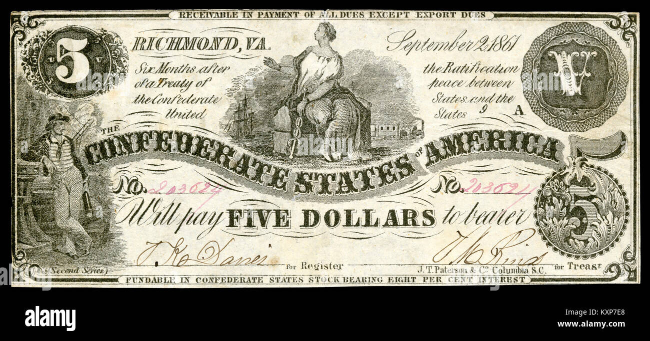 Confederate States of America $5 bill issued in 1862-63, representing ...