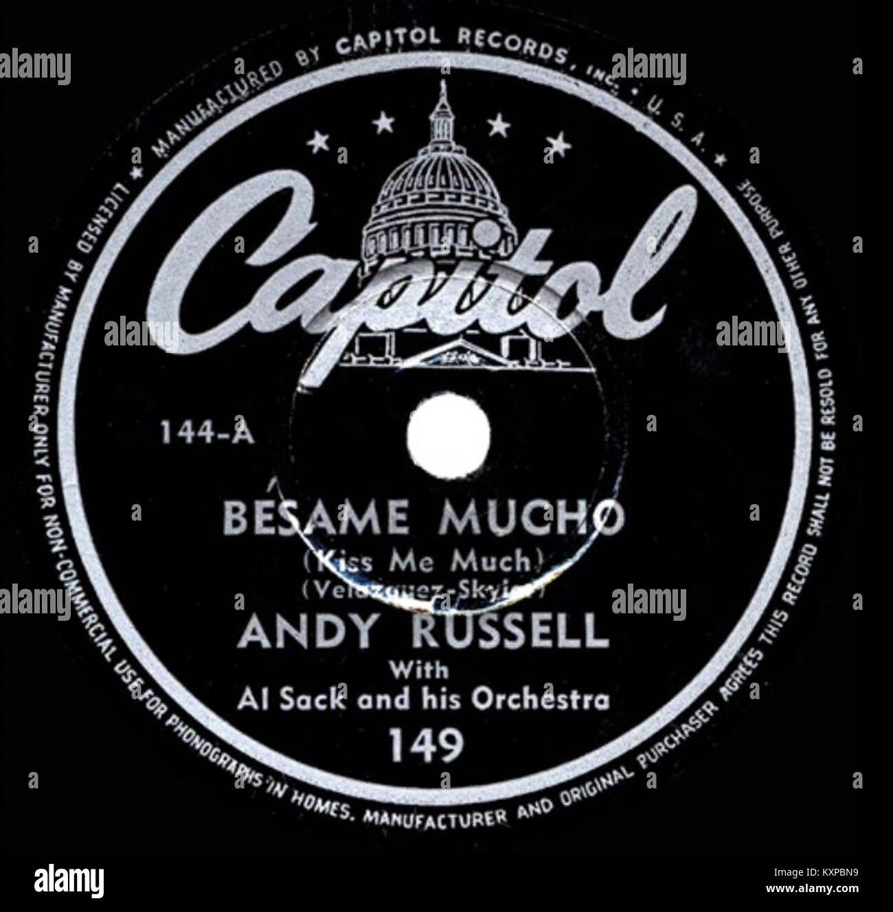 Capitol Records 78rpm record label for USA release of Andy Russell's 'Bésame Mucho'. Original issue. 1944 Stock Photo